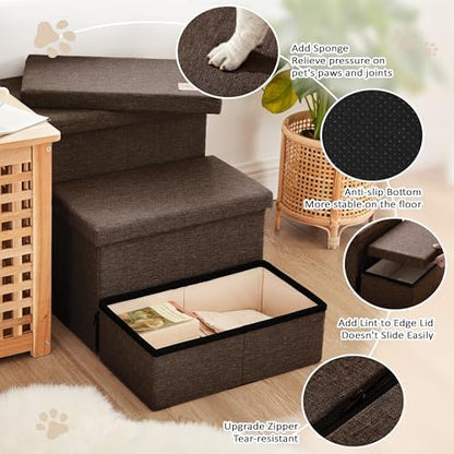Love's cabin Dog Stairs for High Bed, Foldable Pet Stairs for Small Medium or Large Dogs Puppy with Storage for Bed or Couch, Cat Dog Steps Ramp with Zip up to 200 lbs, Coffee, 3 Steps - Image 4