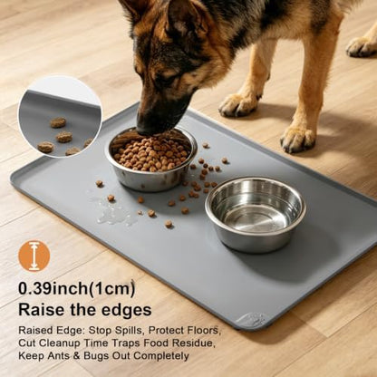 Large Waterproof Silicone Pet Feeding Mat Nonslip Raised Edges 19"x12" Gray - Image 3