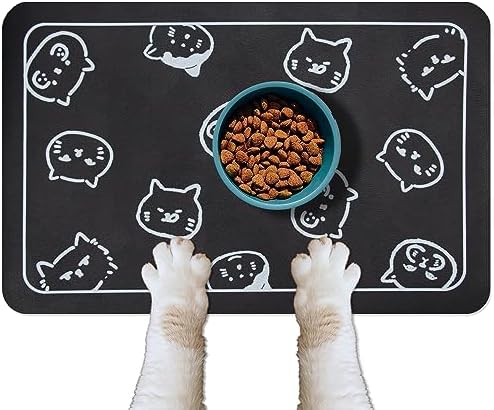 YCT Cat Food and Water Mat for Pets - Non Slip Super Absorbent Dog Bowl Mat, with Multiple Cat Heads Logo - 24 x 16.9 Inches, Black by YCT