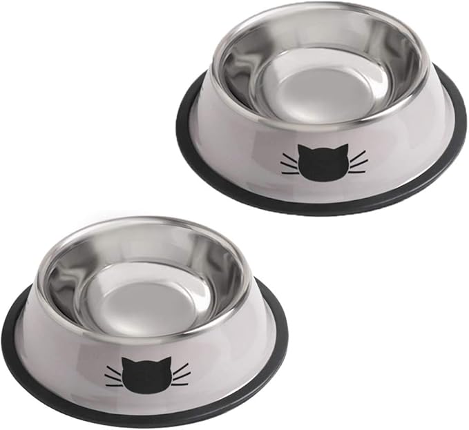 Cat Bowls for Food and Water,2PCS Rapsrk Non-Slip Stainless Steel 8 Oz Pet Bowl with Removable Rubber Base Dog Bowl,Stackable Cat Puppy Dishes Bowls with Cute Cats Painted