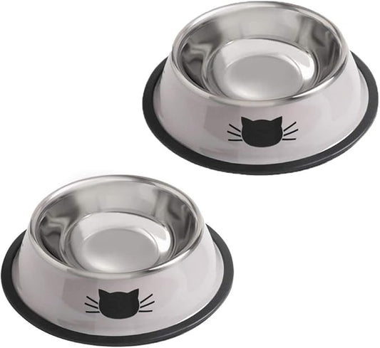 Cat Bowls for Food and Water,2PCS Rapsrk Non-Slip Stainless Steel 8 Oz Pet Bowl with Removable Rubber Base Dog Bowl,Stackable Cat Puppy Dishes Bowls with Cute Cats Painted