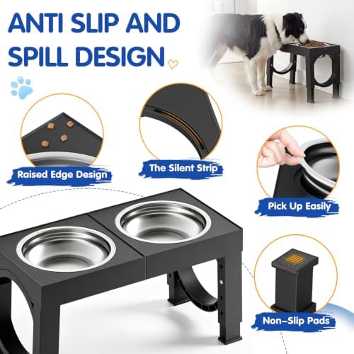 XIAZ Elevated Dog Bowls Large Breed Raised Dogs Bowl Stand Large/Medium Sized Dog Stainless Steel Food Water Bowl Stands 5 Heights Adjustable 9/11/12/14in Black Pet Feeder Dish Station - Image 6