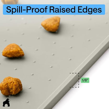 GORILLA GRIP 100% Waterproof Raised Edge BPA Free Silicone Pet Feeding Mat, Dog Cat Food Mats Contain Spills Protects Floors, Placemats for Cats, Dogs Water Bowl, Pets Accessories 18.5x11.5 Light Gray