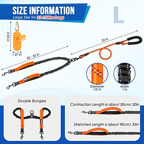 SlowTon Double Leash for Two Dogs, No Tangle & with Two Handles, Orange L - Image 2