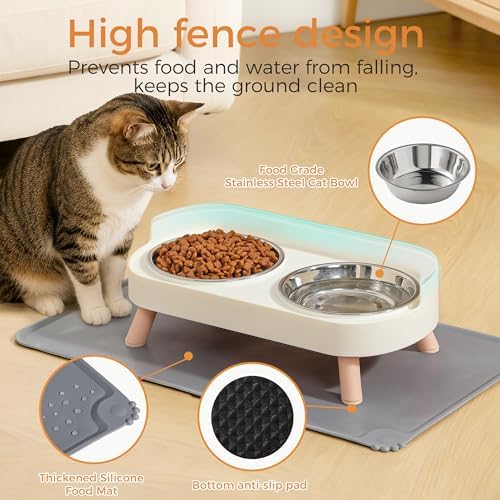 LoeJan Elevated Cat Bowls Set - Raised Cat Food and Water Bowl Set with Non Slip Stand - Pet Feeding Station with 2 Stainless Steel Bowls with Splash Proof Guard - Image 2