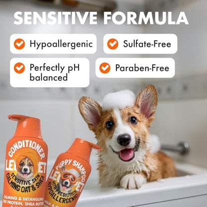 Puppy Shampoo and Conditioner Set Hypoallergenic, Tearless, pH Balanced Dog Shampoo for Puppies Oat Milk, Chamomile & Prebiotics Puppy Shampoo for Sensitive Skin Sulfate Free, Paraben Free 2×10 fl oz - Image 2