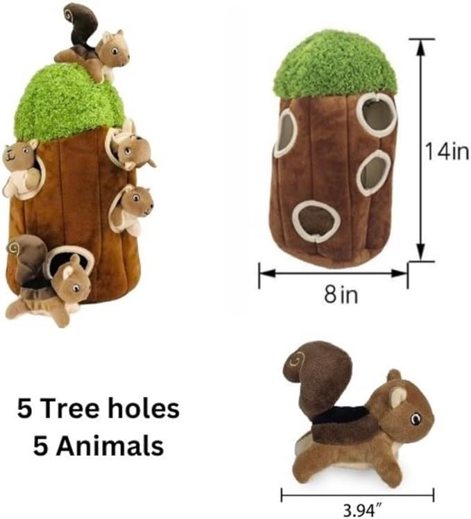 Glow Pups Hide and Seek Dog Toy Squirrel in Tree Trunk, Plush Interactive Burrow Dog Toy with Squeaker, Promotes Mental Stimulation, Easy to Clean, Woodland Style, Large (Brown)