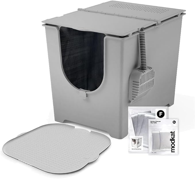 Modkat® Flip Starter Kit - Flip Litter Box (Gray), Katch Litter Mat (Gray), 4X Reusable Litter Liner, Litter Scoop, 2X Charcoal Filters