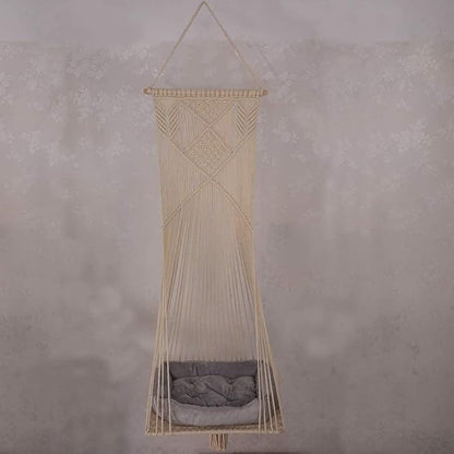 Macrame Hanging Cat Hammock Bed Cat Swing House Space Saving Window Perch with Washed Cotton Cats Toy Tassel Basket Tapestry (Beige, Swing Bed+Cushion, XL)