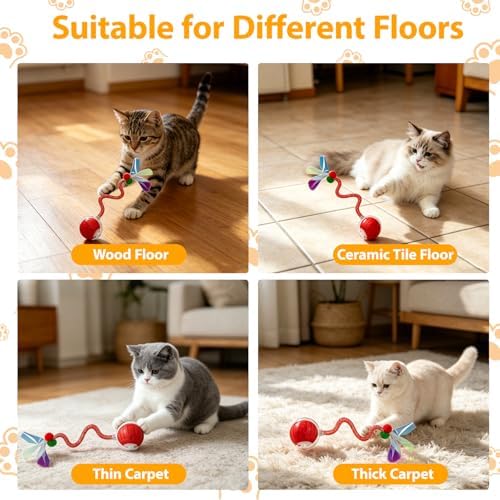 Interactive Cat Toys Ball for Indoor Cats, Automatic Self-Rolling, Motion-Activated, Bird Chirping Cats Dogs Ball Toy with Elastic Mesh Tail, Cat Enrichment Toys for Indoor Cats (Red) - Image 7