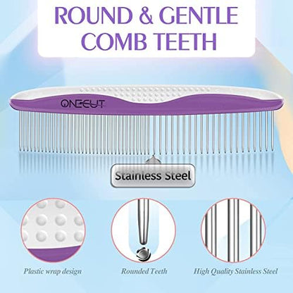 Dog Comb, OneCut Pet Grooming Tool for Removing Tangles Knots and Matted Fur, Wide and Narrow Teeth Comb Design for Dogs and Cats (Purple) - Image 2