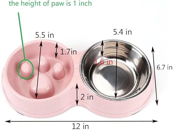 Slow Feeder Dog cat Double Bowl Stainless Steel and Anti-Choking Pink