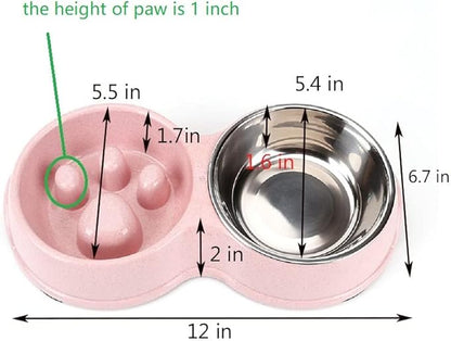 Slow Feeder Dog cat Double Bowl Stainless Steel and Anti-Choking Pink