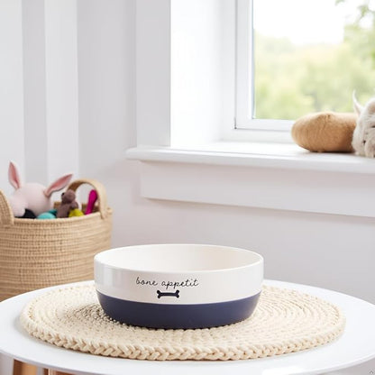 Pearhead Ceramic Dog Bowl – White & Navy “Bone Appétit” Design, Stoneware Pet Dish, Non-Skid Feeding Bowl, Small/Medium 2.25 Cups/ 18 oz