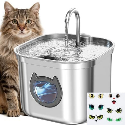 Homtyler Luxury Automatic Cat Water Fountain for Pets, 2.2L/74oz Stainless Steel Dog Water Dispenser with Filter, BPA Free & Silent, Featuring LED Light, Easy Clean & Cat View Window Black by Homtyler
