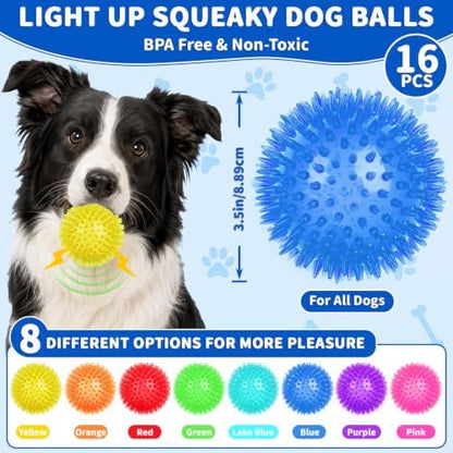 16 Pcs 3.5 In Light Up Squeaky Dog Balls 8 Colors LED Spiky Dog Toy Ball Glow in The Dark Interactive Fetch Ball TPR Bouncy Floating Toy for Aggressive Chewers Small Medium Large Dogs Indoor Outdoor - Image 2
