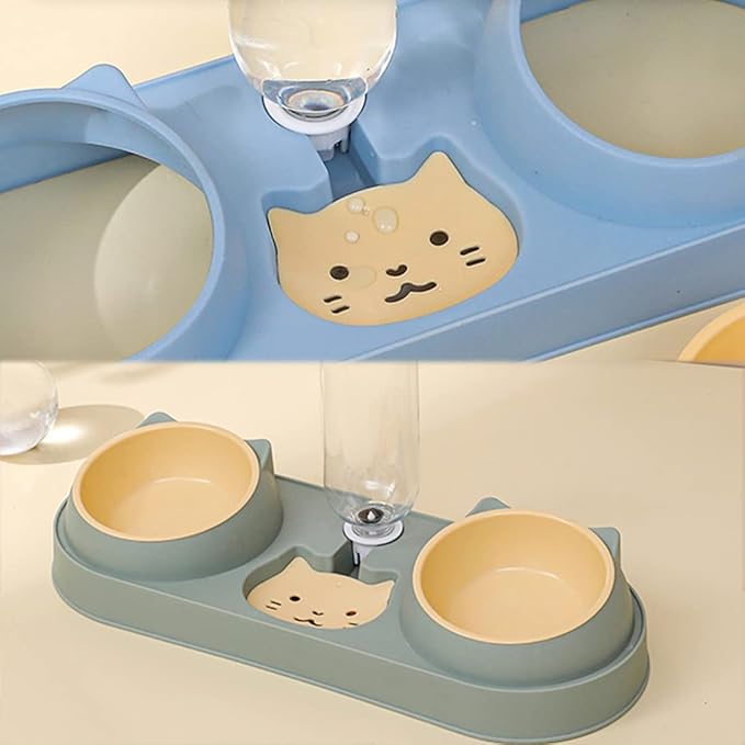 Triple Cat Food Bowls with Water Dispenser, Plastic Raised Cat Dishes, Automatic 3 in 1 Pet Bowls, 2 Food Bowls and Water Feeder Set, Wet and Dry Food Bowl Set for Cats Puppy Small Dogs (Dark Green)
