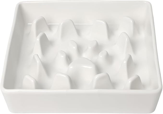GDCZ Dog Slow Feeder Bowls, Square Ceramic Pet Food Bowl for Medium Breed, Fun Dog Bowls to Slow Down Eating (White, M-1.8 Cups)