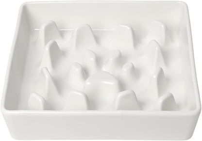 GDCZ Dog Slow Feeder Bowls, Square Ceramic Pet Food Bowl for Medium Breed, Fun Dog Bowls to Slow Down Eating (White, M-1.8 Cups)