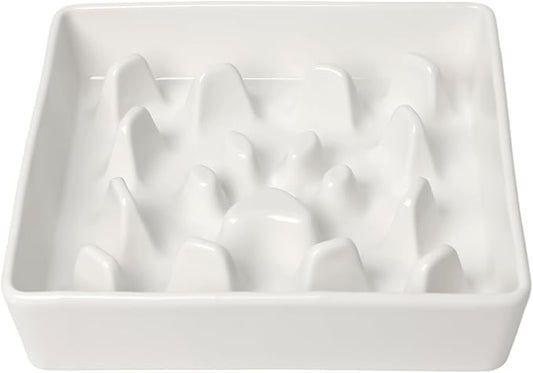 GDCZ Dog Slow Feeder Bowls, Square Ceramic Pet Food Bowl for Medium Breed, Fun Dog Bowls to Slow Down Eating (White, M-1.8 Cups)