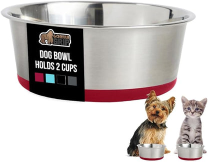 GORILLA GRIP Dog Bowl, Holds 2 Cups (16 fl oz), Food Grade 304 Stainless Steel Food and Water Bowl for Feeding Dogs and Cats, BPA Free Rubber Base, Easy Clean, Dishwasher Safe, Rust Resistant, Red