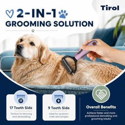 TIROL Dematting Comb for Dogs, Pet Grooming Rake, Double-Sided Dog Brush for Shedding, Undercoat Mat Dematting Tool for Long Haired Cats, Deshedding Brush for Cats, Pink - Image 6