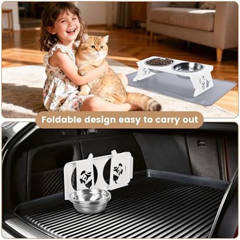 Elevated Cat Bowls with Food Mat,10° Tilted Anti-Vomiting Raised Cat Food Bowl for Small Cats and Puppies, Foldable 2 Stainless Steel Pet Bowl with Stand-Milky White - Image 7