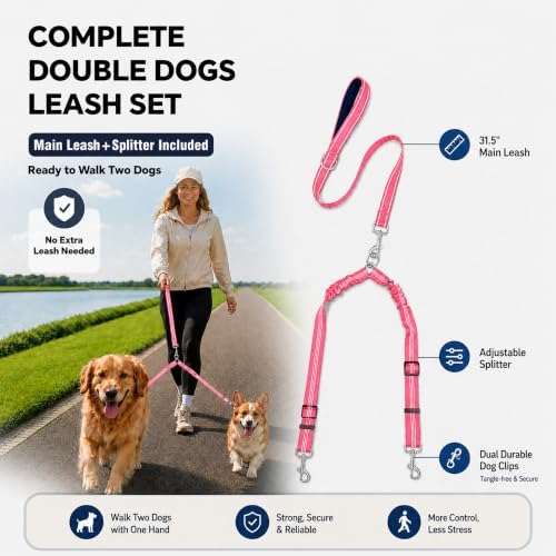 Double Dog Leash Padded Handle 360°Swivel No Tangle Dual Leash for Two Dogs - Image 2