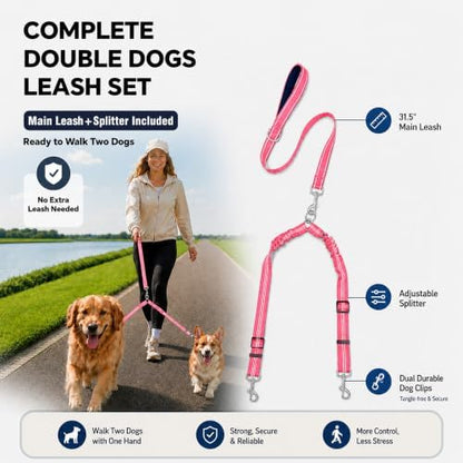 Double Dog Leash Padded Handle 360°Swivel No Tangle Dual Leash for Two Dogs - Image 2