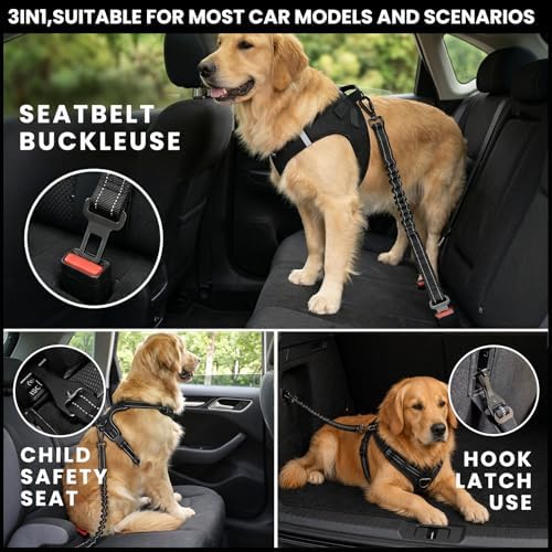 Dog Seat Belt for Car, 3-in-1 Adjustable Dog Seatbelt, Black - Image 2