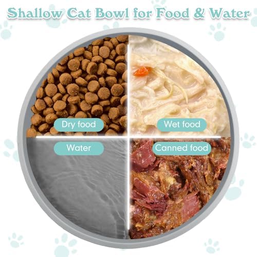 Silicone Cat Food Bowls Shallow Cat Dishes 5.9in Wide Pet Plates Set of 2 Small Flat Dog Saucer Bowl Cute Whisker Fatigue Kitten Feeding Dish for Dry & Wet Food (Round Grey) - Image 5