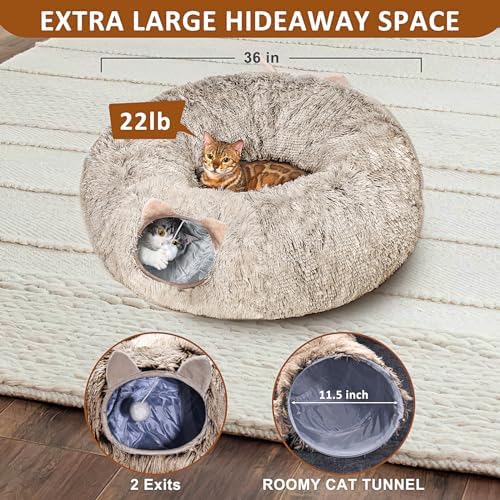 Cat Tunnel with Cat Bed for Indoor Cats, Soft Plush Peekaboo Cat Cave Donut Tunnel, Multifunctional Playground Toys Hideplace for Small Medium Large Kittens, Rabbit, Ferret, Brown - Image 5
