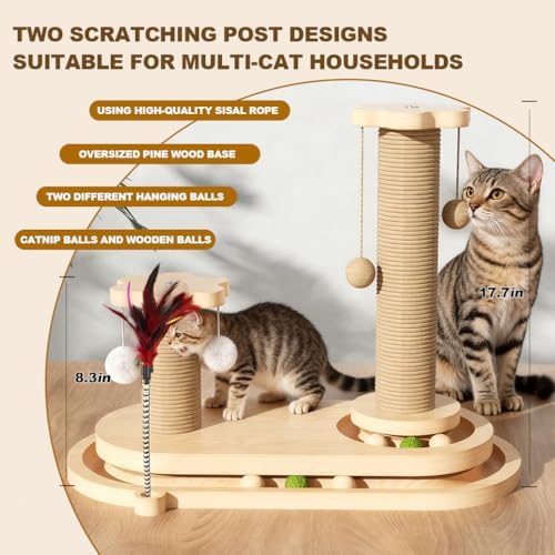 Cat Scratching Post, Sisal Cat Scratcher Post - 4-in-1 Cat Solid Wood Activity Center | Indoor Interactive Cat Toy with Trackball (Rolling), Feather Teaser, Hanging Balls & Natural Catnip Ball - Image 3