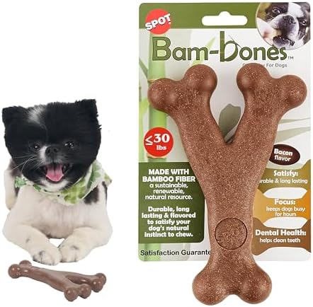 SPOT Bam-Bones Wishbone Dog Chew Toy, Bamboo Fiber Blend, Non-Splintering Durable Chew for Light to Moderate Chewers, Adult Dogs & Teething Puppies 10–30 lbs, Bacon Flavor, 5.25 in by SPOT