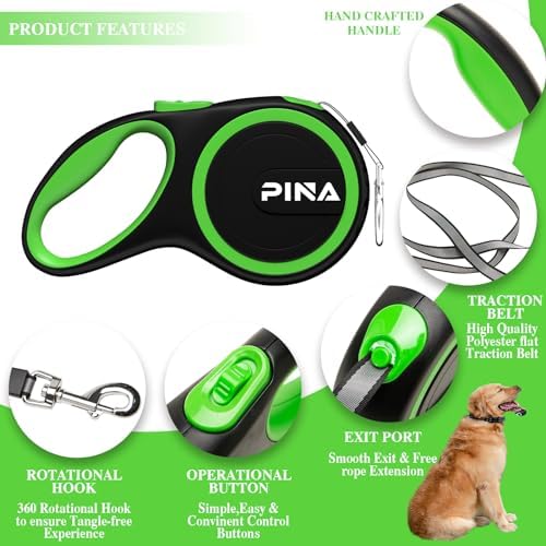 PINA Retractable Dog Leash, 26ft Dog Leash for Small Medium Large Dogs Up to 110lbs, 360° Tangle-Free Strong Reflective Nylon Tape, with Anti-Slip Handle, One-Handed Brake, Lock - Black Green - Image 2