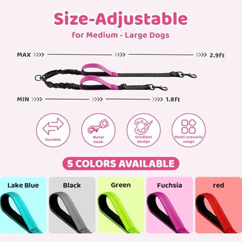 Double Dog Leash - No Tangle Splitter for Two Dogs, Coupler with Adjustable Long Lead Rope, Dual Control Handles, Retractable No Pull Bungee, Walk Train Small Medium Large 2 Pets (Fuchsia) - Image 2