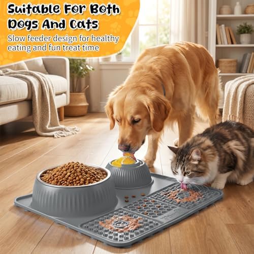 Slow Feeder Dog Bowl with Lick Mat & Interactive Rolling Ball, Stainless Steel Pet Feeding Station with Non-Slip Stable Grip Base for Wet Food, Dry Kibble (Light Gray) - Image 4
