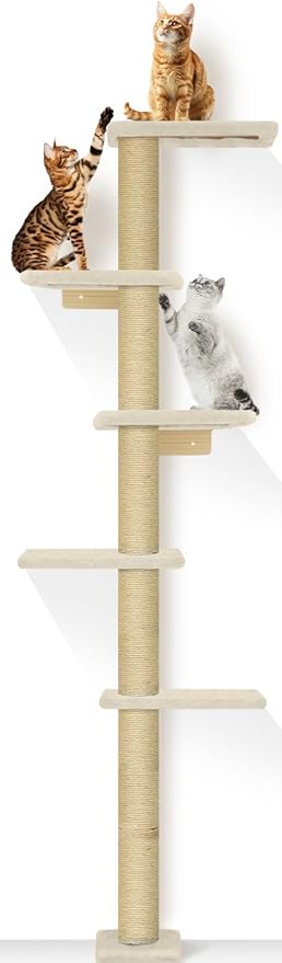 PAWSCRAT Wall-Mounted Cat Tree, 5 Tier Floor to Ceiling Cats Tower, 80 Inch Wall-Mounted Cat Scratching Post, Space Saving Cat Furniture and Easliy Climb for All Cats, Beige