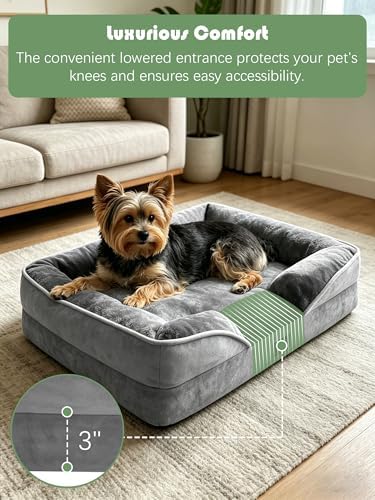 Spotted Play Orthopedic Dog Bed with Sides - Dog Sofa Beds for Small Dogs, Supportive Foam Pet Couch Bed with Washable Removable Cover, Waterproof Lining and Non-Slip Bottom, Grey - S - Image 3