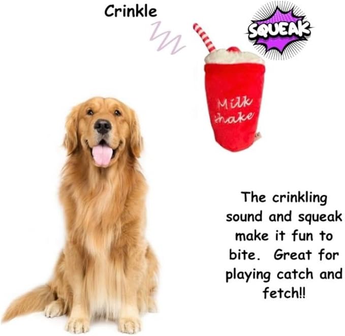 Glow Pups Dog Toys, Squeaky Milkshake Plush Dog Toy for Puppies, Easy to Clean, Promotes Mental Stimulation, Keeps Dog Entertained, Crinkle Sound, Red