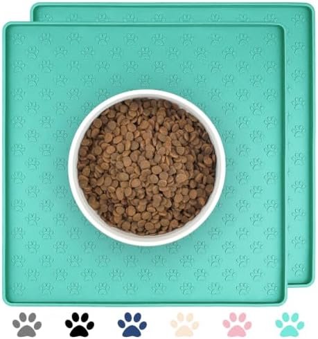2 Pack Pet Placemat for Dog and Cat, Waterproof Non-Slip Silicone Feeding Bowl Mat Prevent Food and Water Overflow, Puppy Dish Feeder Fountain Trays Suitable for Medium and Small Pets, Green by PTLOM
