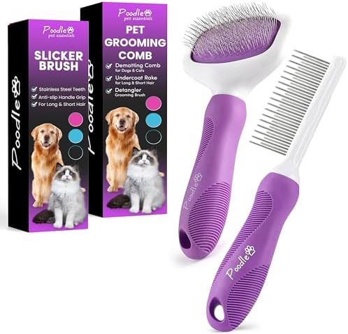 POODLIE Pet Grooming Bundle - Detangling Pet Comb with Long & Short Stainless Steel Teeth for Removing Matted Fur, Knots & Tangles + Slicker Brush for Small and Large Dogs with Curly Hair by Poodlie