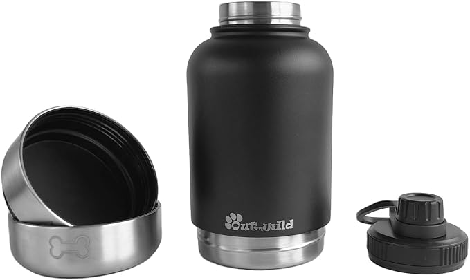 OUT 'N WILD Portable Dog Insulated Water Bottle & Bowls - All-in-One Travel Accessories Pet Food & Liquids for Car, Hiking, Camping - Leak-Proof, Double Walled - 32 oz, 2 Dog Bowls, Black