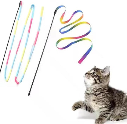 Rainbow Interactive Cat Wand – Colorful Feather & Ribbon Teaser for Indoor Play & Bonding (3 Pack)