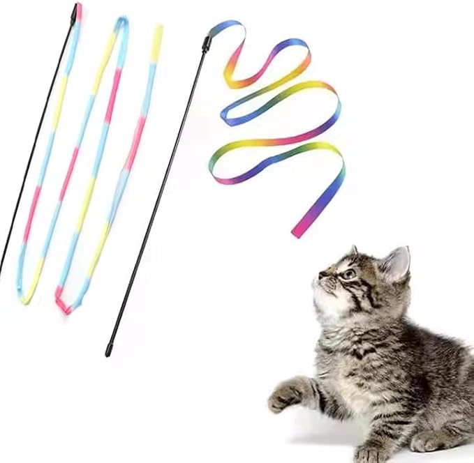 Rainbow Interactive Cat Wand – Colorful Feather & Ribbon Teaser for Indoor Play & Bonding (2 Pack)