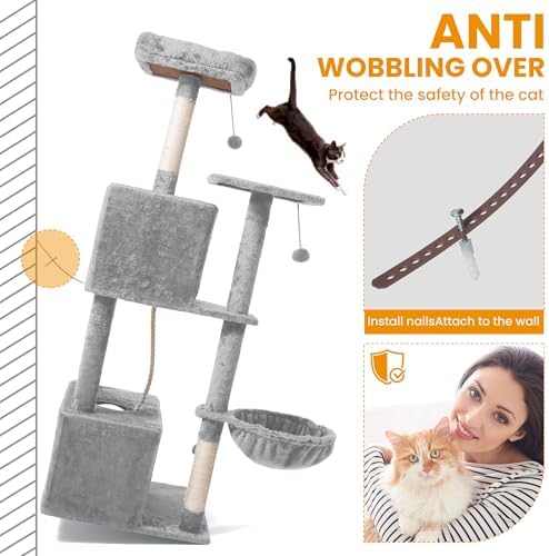 Cat Tree, 54-Inch Cat Tower for Indoor Cats,Plush Multi-Level Cat Condo with Scratching Posts, Basket, Perches, Caves, Pompoms(Light Gray) - Image 6