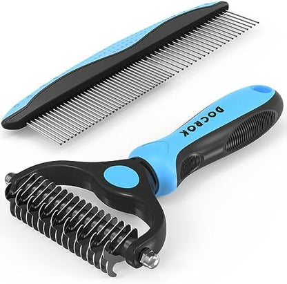 Docrok Pet Grooming Combo - Blue Deshedding Brush with Metal Comb for Detangling and Dematting Long, Matted Fur on Cats and Dogs by DOCROK