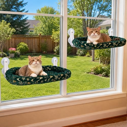 L&W BROS. 2-Pack Foldable Cat Window Perches with Christmas Cushion Bed Easy to Assemble Cats Hammock for Window, Warm Indoor Cat Beds for Large Cats, Edition(M Green) - Image 6