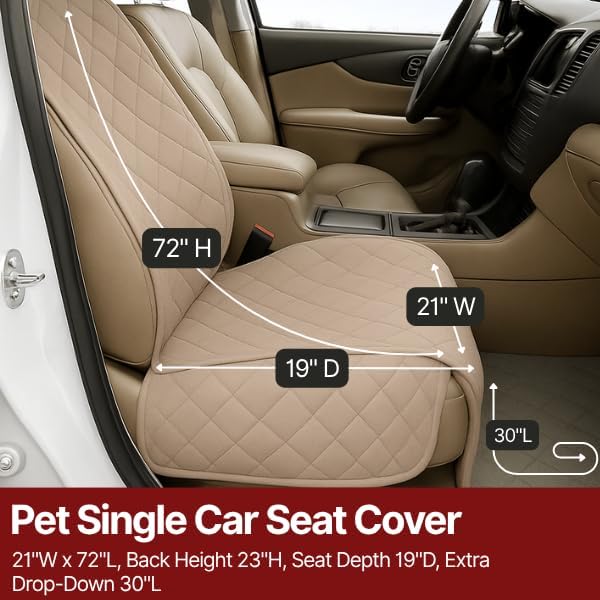 Deluxe Quilted and Padded Dog Pet Car Single Seat Cover with Comfort Fabric and Non-Slip Back Best for Car Truck and SUV - Travel with Your Pet Mess Free - Universal Fit 21" Wx72 L- Taupe - Image 2