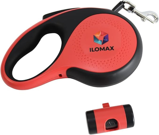 ILOMAX 360° Tangle-Free Retractable Dog Leash Built-in Waste Bag Dispenser Under Handle 2 Rolls Poop Bags Included Heavy Duty Tape Leash for Dogs up to 50kg Carry Pouch Included.26ft (Red, XL)